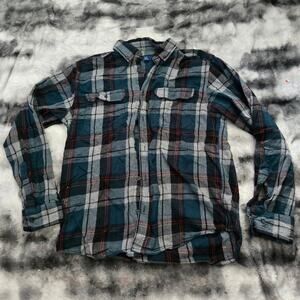 George Men’s Flannel Shirt Teal Black Rust Plaid Button‑Up Long Sleeve Medium